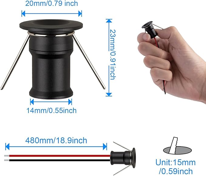 902 120°LED mini Spotlight,DC12V 1W,80Ra,75lm,Small Size,Embedded Installation,Suitable for Cabinet Lighting Such as Wine cabinets,Shoe cabinets,etc.,with Power Supply(6000K,Black,9Pack)