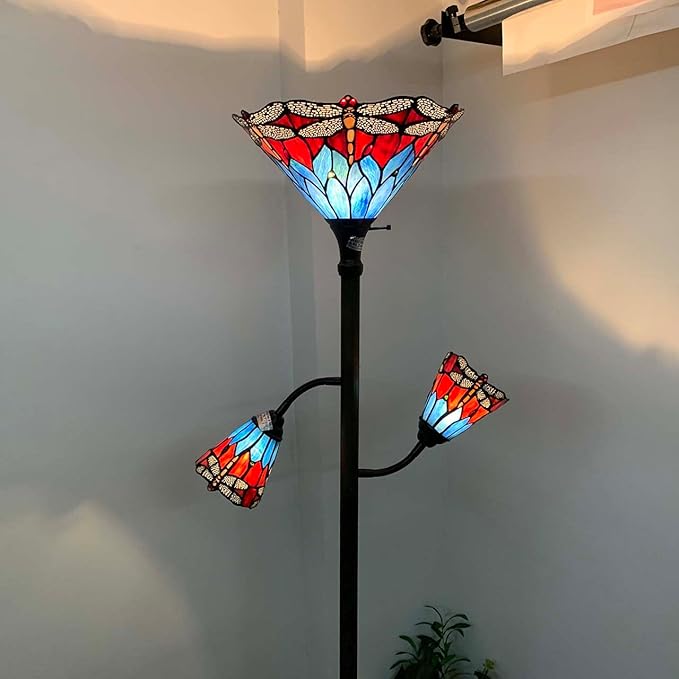 Bieye L10837 Dragonfly Tiffany Style Stained Glass Torchiere Floor Lamp with Sidelights for Reading, 70-inches Tall (Dragonfly, Red Blue)