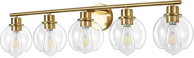 Bathroom Light Fixtures Over Mirror 5-Lights Bathroom Vanity Light with Clear Glass Shade 37.5 inch Modern Wall Sconce Gold Vanity Lighting for Bath
