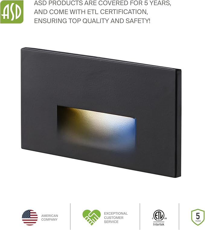 ASD LED Recessed Step Light Fixture, Outdoor & Indoor Stair Tread Lighting | 3CCT, Dimmable, Waterproof, ETL Listed | 3W 120LM 3000K-5000K 120V | Staircase Hardwired Illumination | Dark Bronze, 4 Pack