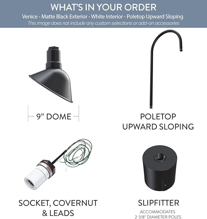 Steel Lighting Co. Venice Light | Outdoor Pole Top Mounted | 9 inch Dome | Upslope Gooseneck with Slip Fitter for 2-3/8" Standard Poles | Made in America | Matte Black Exterior/White Interior
