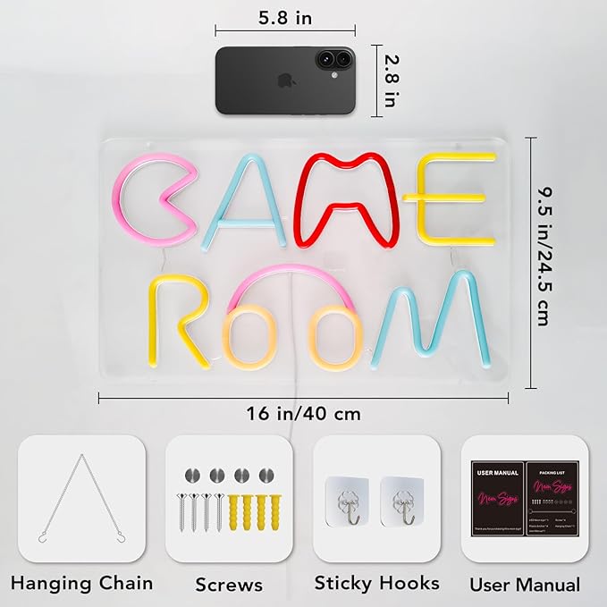 Game Room Neon Sign Colorful Wall Decor, Arcade Light Up Sign for Boy Teen Gamer Room, Dimmable Gaming Room Led for Bedroom, Playstation, Kids Birthday Gifts, USB Plug Powered