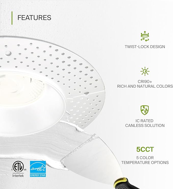ASD Trimless LED Commercial Downlight - 6 Inch, 24W 120-277V J-Box Canless, Dimmable, 5 CCT 2700K-5000K CRI 90+, IC Rated, ETL, Energy Star, White, 12 Pack