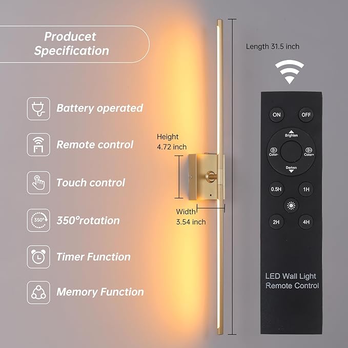 Battery Operated Wall Sconce Set of 2, 10000mAh Rechargeable Wall Sconces with Detachable Battery, Indoor 350°Rotate Wall Lights for Bedroom Living Room, Gold, 31.5 Inch