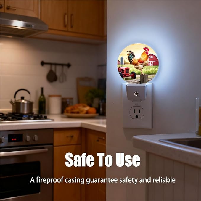 Plug-in Rooster Night Light Rustic Farm Scene Night Lights Plug into Wall with Auto on/Off Sensor, 0.5W LED Nightlight for Bedroom Bathroom Kitchen Hallway
