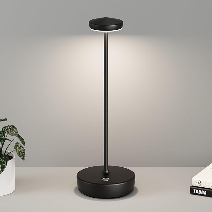 1 Pack Cordless Table Lamp Rechargeable - LED Battery Table Light with 3 Color Temperatures, Stepless Dimming, Waterproof Aluminum for Indoor Outdoor, Patio, Restaurant, Dinner (Black)