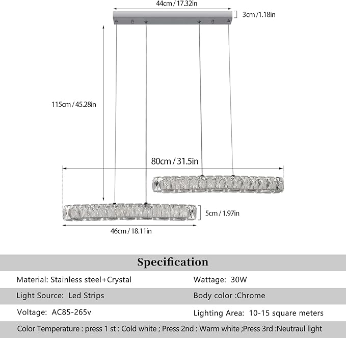 Pendant Light, Modern LED Crystal Chandelier Ceiling Light Fixture, Adjustable Height Hanging Light Pendant Lamp for Kitchen Island, Dining Room, Living Room, Bedroom