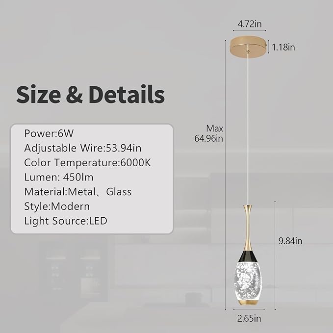 Modern Black Gold Pendant Light Dimmable LED Ceiling Light Fixtures Mini Teardrop Crystal Pendant Lighting for Kitchen Island Bedroom Hallway Entryway (2-Pack，Champagne Gold)