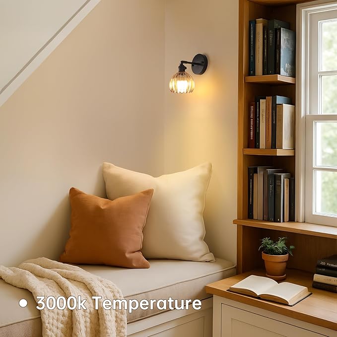 Vintage Battery Operated Wall Sconce with Cute Amber Tulip Glass Lampshade Wireless Rechargeable Battery Powered Black Wall Light with Remote Control for Bedside Bedroom Doorway