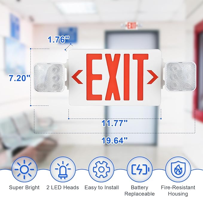 LED Combo Exit Sign Emergency Light, Commercial Emergency Exit Lights with Battery Backup, Double Sided and Adjustable Two LED Head, Fire Resistant UL 94V-0, AC 120/277V (8 Pack)