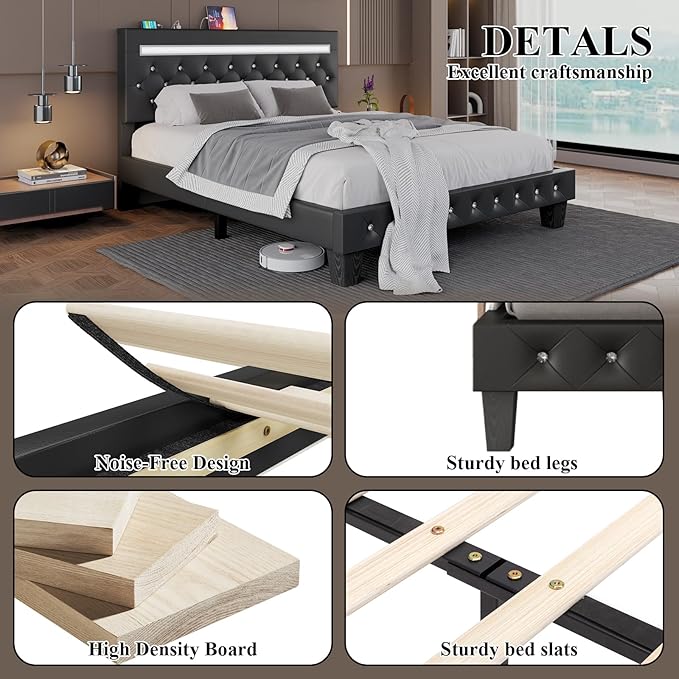 King Size Bed Frame with LED Lights, Upholstered Platform Bed Frame, Adjustable Headboard with Charging Station, Wooden Slats Support, Easy Assembly, No Box Spring Needed, Black
