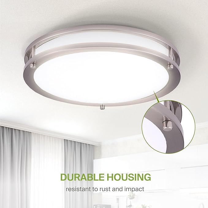ASD LED 18" Round Flush Mount Lighting, Close to Ceiling Light Fixture | 3CCT, Dimmable, Energy Star, ETL Listed | 28W 2750LM 3000-5000K 100-277V | Low Profile Double Ring Lamp | Nickel