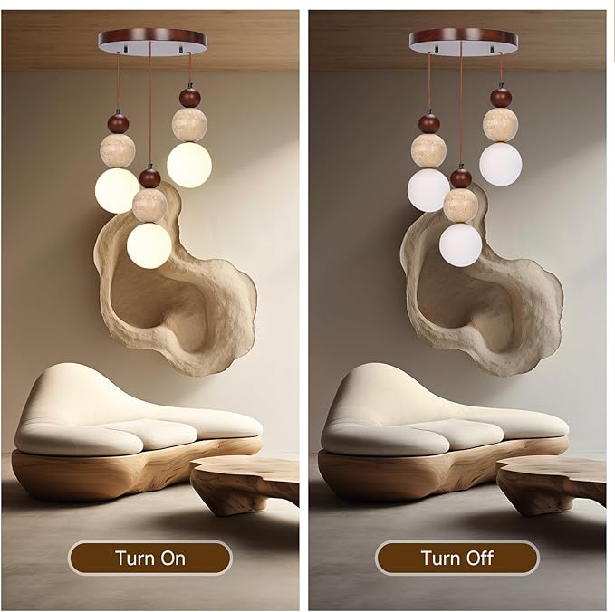 Wabi Sabi Pendant Light,3-Light Travertine Stone Fixture-Japandi Japanese Style Lamp,Nordic Wood Chandelier,Spherical Scandinavian Pendant Light Suits Kitchen Islands,Dining & Living Rooms(Walnut)