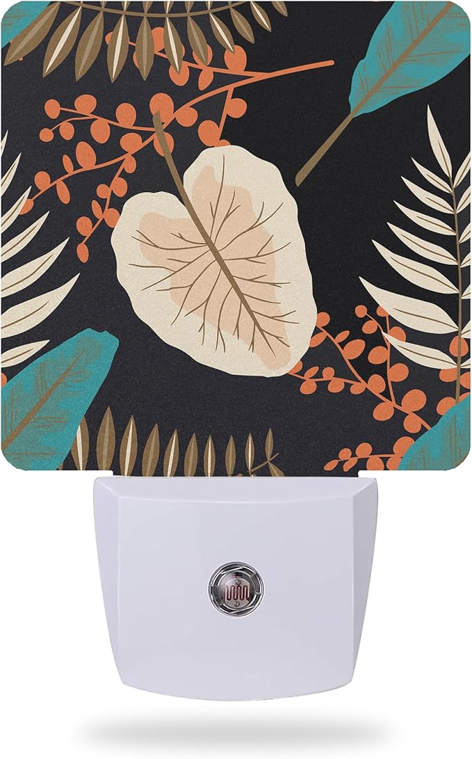 Tropical Leaves Night Light - Plug into Wall, Blue Orange and Black Flowers Night Light with Dusk to Dawn Sensor for Room Decor, Hallway, Kitchen, Bathroom