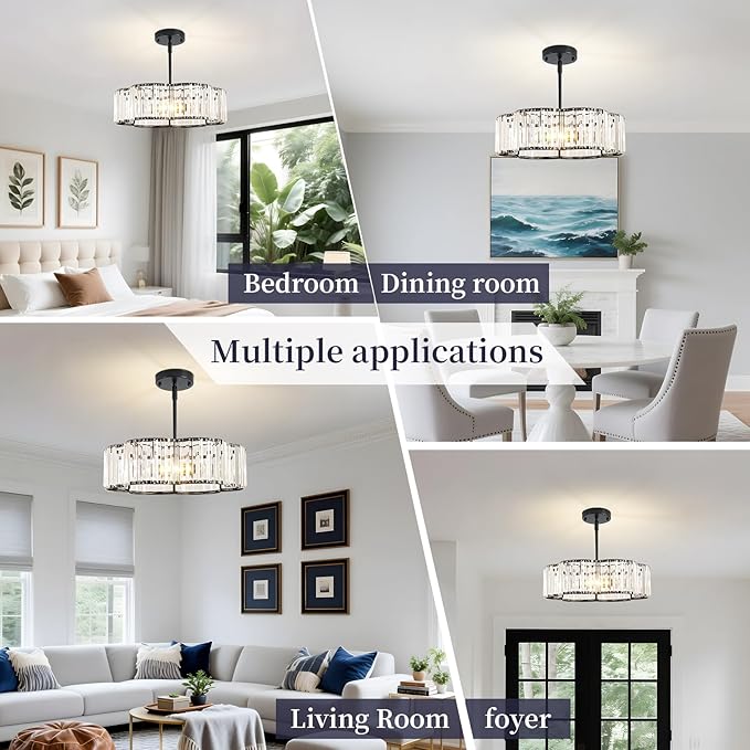3-Light Black Crystal Chandelier for Dining Room,Modern Semi Flush Mount Ceiling Lighting Fixtures,Round Kitchen Hanging Drum Pendant Lights for Living Room Bedroom Foyer， 16 Inch