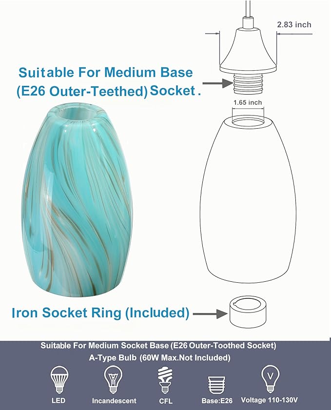Oval Glass Lamp Shade Only Art Glass Shades for Kitchen Island pendant Lights Glass Lamp Covers Light Fixture Replacement aqua color for Mini Pendant Ceiling Lights Chandelier