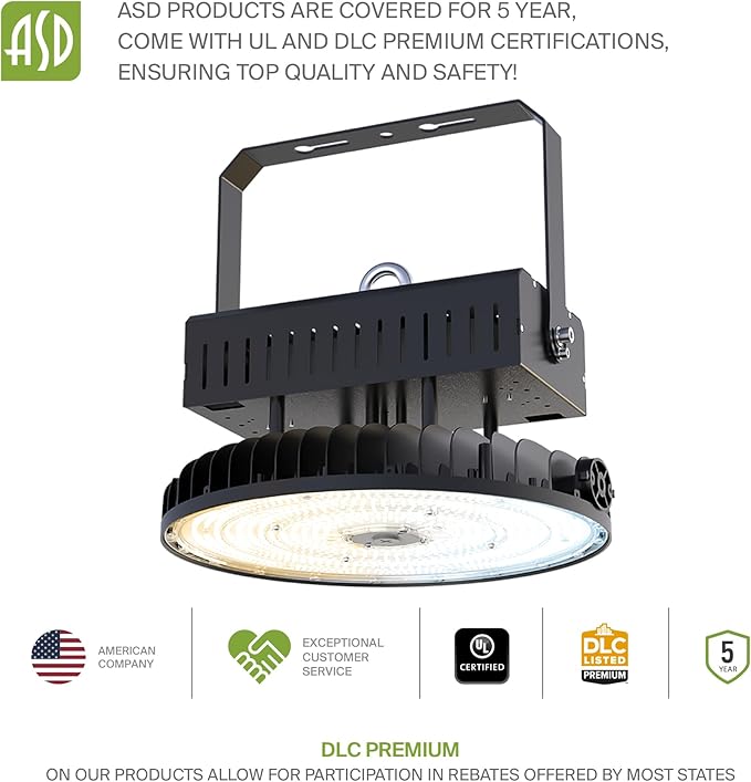 ASD LED High Bay UFO Light Fixture, Commercial Shop Lighting | 3CCT, Dimmable, IP69K Waterproof, DLC Premium, UL Listed | 500W 78000LM 3000-5000K 277-480V | Warehouse, Garage, Workshop Lamp | Black