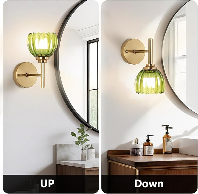 Vintage battery operated wall sconce Set of Two,Wireless wall sconces with Remote,Rechargeable Wall lamp with Green Tulip Glass Shade,15 Colours Dimmable Wall light for Bedroom Bathroom Hallway