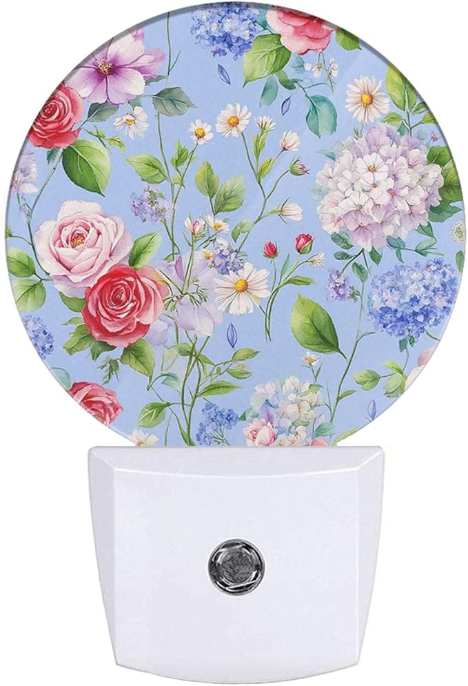 Plug-in Vintage Floral Night Light Roses Hydrangeas and Daisies on Blue Night Lights Plug into Wall with Auto on/Off Sensor, 0.5W LED Nightlight for Bedroom Bathroom Kitchen Hallway