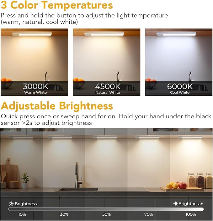 Under Cabinet Lighting, Motion Sensor Light with 3 Color Temps, Rechargeable Closet Lights with Hand Wave, 11.8 Inch Dimmable Under Counter Lights for Kitchen, Wardrobe, Stairs, 2 Pack