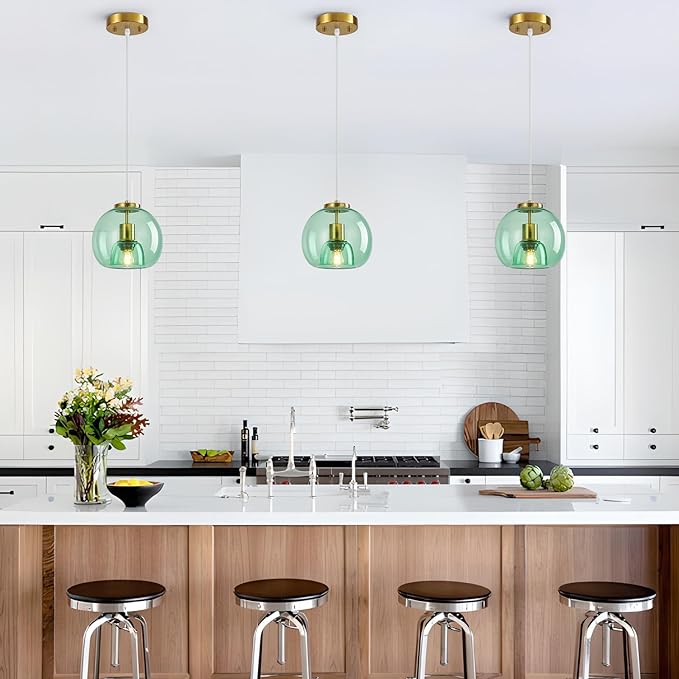 Light Green Glass Pendant Lights Kitchen Island Gold Hanging Light Fixture Glass Globe Pendant Light Modern Pendant Lighting for Kitchen Island Bedroom Dining Room (7.87", 2 Pack)