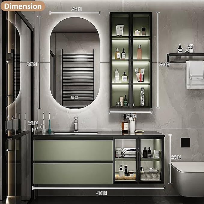 Bathroom Vanity with Sink - Bathroom Vanity Cabinet and Sink and Slab Top | Side Shelf and Ambient Lighting, LED Smart Mirror Cabinet (48'')