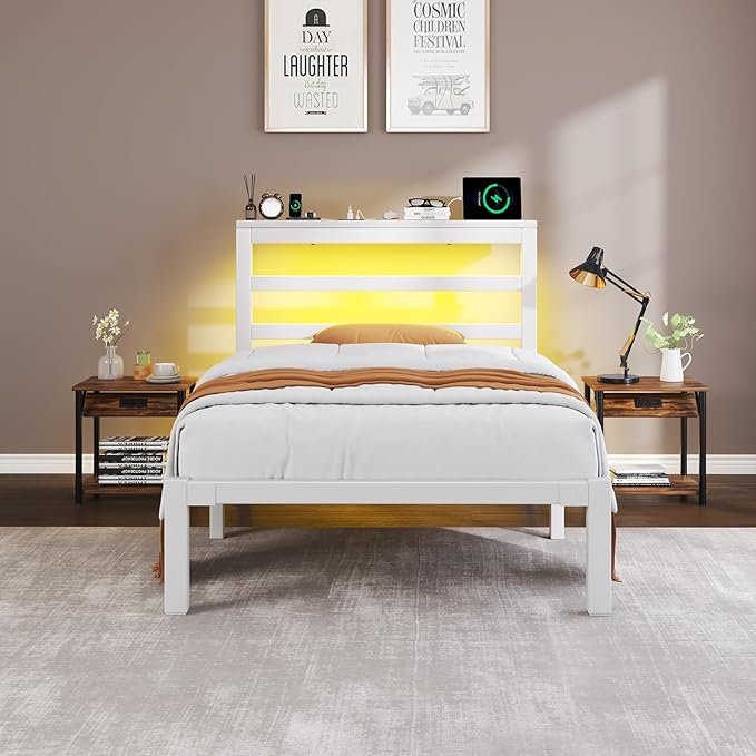Twin Size Bed Frame with Storage Headboard, Industrial Platform Bed with Charging Station and LED Lights,Underbed Storage Space, No Box Spring Needed, Easy Assembly, White