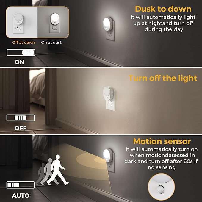 L LOHAS LED Plug in Night Light with Motion Sensor and Dusk to Dawn Sensor,[4-PACK] Night Lights Plug into Wall,5000K Daylight White,30/60/100LM Dimmable Nightlight for Bathroom Hallway