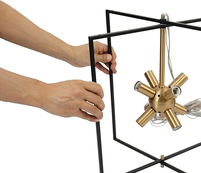 KSANA Black and Gold Chandelier, Modern 8-Light Geometric Lantern Pendant Light Fixture, Mid-Century Sputnik Design with Electroplated Brass Accents for Dining Room, Kitchen Island, or Entryway