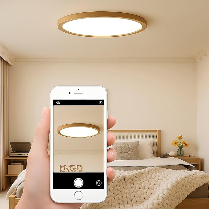Ultra-Thin LED Ceiling Light Fixture 20.47", Handcrafted Natural Wood Modern Wabi-Sabi Style, Slim 2.5cm Profile, 37W LED 3000K-4000K-6000K, Round Minimalist Lamp for Bedroom Kitchen Hallway