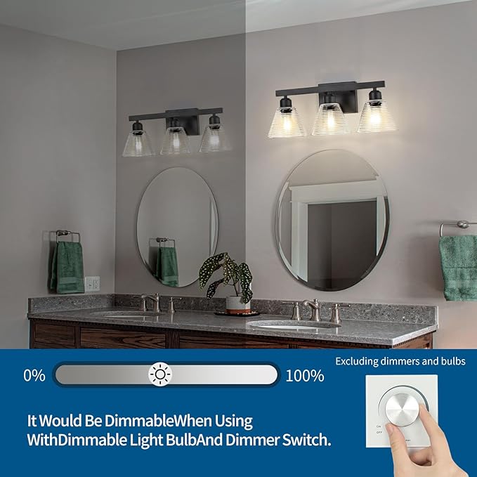 3-Light Bathroom Vanity Light, Black Modern Bathroom Lighting Fixtures with Clear Glass Shade, Farmhouse Wall Sconces for Mirror Kitchen Bedroom Living Room