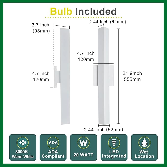 21.9IN LED Outdoor Aluminum Wall Lights,20W Dimmable, IP65 Waterproof, Modern Textured White Indoor & Exterior Lighting Fixtures, Long Exterior Wall Lights for Garage, Front Door