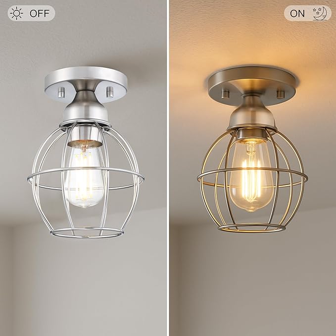 GRUENLICH Semi Flush Mount Ceiling Light Fixture for Outdoor and Indoor, E26 Medium Base 60W Max, Metal Housing and Metal Cage, Bulb not Included, 2-Pack, Nickel Finish
