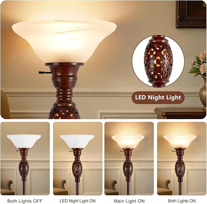 70" Torchiere Floor Lamp with NightLight - Victorian Style Standing Lamp for Living Room, Bedroom, Office - Retro Floor Lamps with Rotary Switch & Etched Glass Shade, Home Decor, Bulb Included