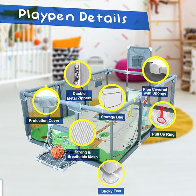 Upgraded Playpen with Enhanced Thick Foldable Mat, Balls, 4 Rings, Storage Bag, Basketball Hoop & Soccer Nets - Play Yard - Sport Playpen - Activity Center - BPA-Free, Non-Toxic, Safe