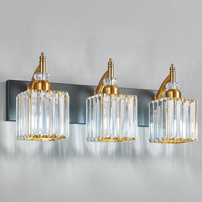 Modern Bathroom Vanity Light 3-Light Black and Gold Crystal Light Fixtures Over Mirror for Bathroom Wall Sconce