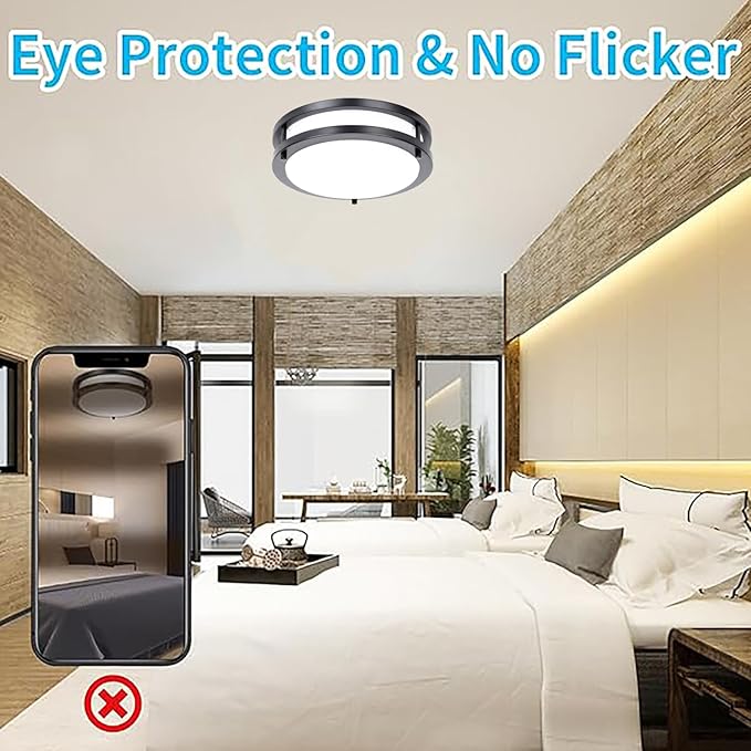 36W Dimmable LED Ceiling Light Fixture, 12in Flush Mount Light Fixture, Ceiling Lamp for Bedroom, Kitchen, Bathroom, Hallway, Super Bright 3500 Lumens, Black, 3000K Warm White
