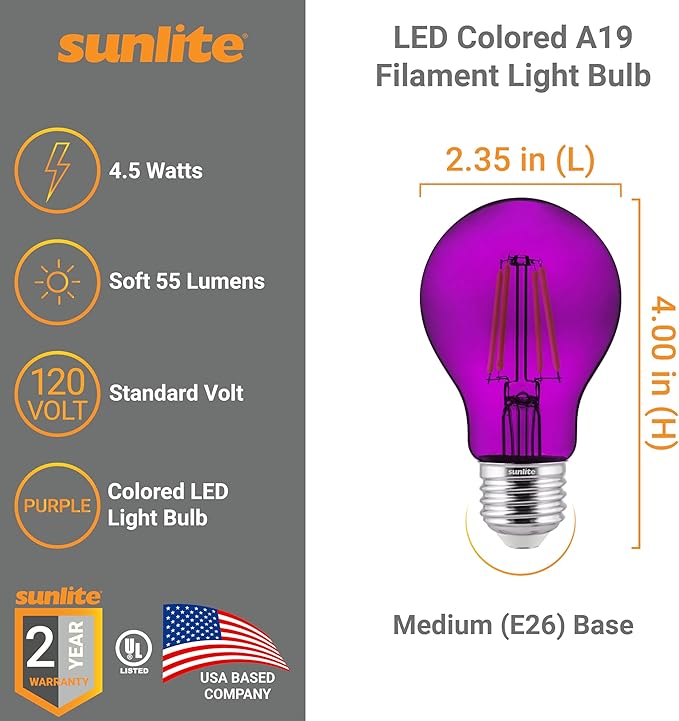 Sunlite 81081 LED Colored Filament A19 Light Bulb, 4.5 Watts, Medium E26 Base, 120 Volts, Transparent Purple, Dimmable, 320 Degree Beam Angle, UL Listed, 2 Count