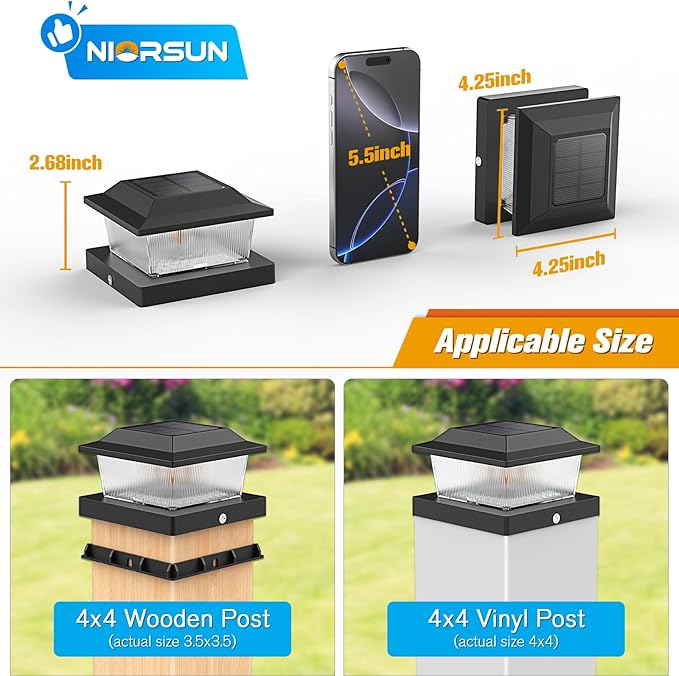 NIORSUN Solar Flame Post Cap Lights Outdoor Waterproof, 4x4 Post Solar Lights with Flickering Flame LED, Fence Posts Solars Light for Deck Patio Garden, 4x4 Posts Caps Wood Vinyl, 12 Pack (Black)