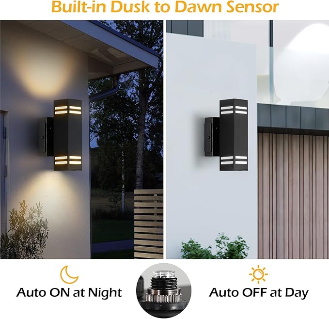 SHIMR Outdoor Light with Outlet, Modern Dusk to Dawn Outdoor Lighting, Aluminum Anti-Rust Exterior Lighting Fixtures Wall Mount with E26 Base, Up and Down Lights for House Porch Patio, 2 Pack