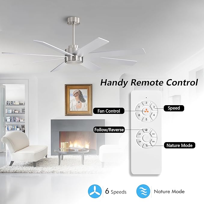 WINGBO 60" Large DC Ceiling Fans without Lights, 3 Downrods, 8 Plywood Blades, 6-Speeds Reversible DC Motor, Indoor Ceiling Fan No Lights for Bedroom Living Room Patio, Brushed Nickel and Silver