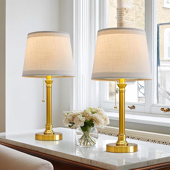 Oneach 19.5” Gold Table Lamps Set of 2, Pull Chain Switch Bedside Table Lamps, Modern Nightstand Lamp with White Linen Shade, Small Brass Lamp for Living Room, Bedroom, Home Office, Nursery