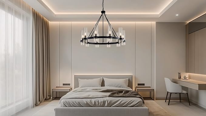 32 Inch Black Wagon Wheel Chandelier with Glass Shade, 10 Lights, Modern Farmhouse Style, Ideal for Dining Room, Kitchen, Entryways
