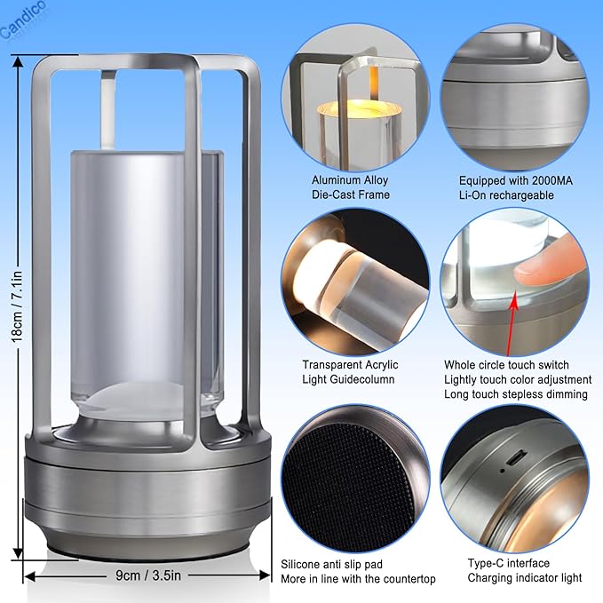Cordless Bedside Table lamp Rechargeable Portable Touch,2000MA Battery Operated Lamps LED Night Light,3Color Stepless Dimming Crystal Lantern Suitable bedrooms,Bars,cafes,Camping,Silvery