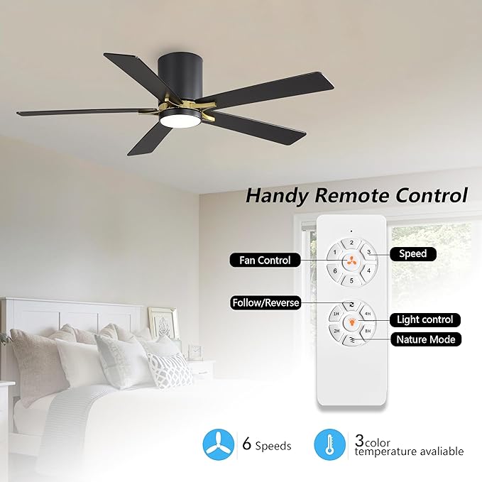 WINGBO 48" DC Flush Mount Ceiling Fan with Lights, 5 Plywood Blades, 6-Speed Reversible DC Motor, 3CCT, Low Profile Hugger Ceiling Fan for Living Room Bedroom Kitchen, Black and Brass