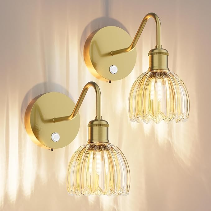 2 Pack Battery Powered Wall Sconce with Amber Tulip Glass Lampshade, Rechargeable Dimmable LED Wall Sconce for Living Room, Hallway, Bedroom, Dining Room