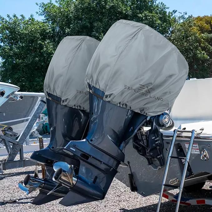 Explore Land Outboard Motor Cover - Waterproof 600D Heavy Duty Boat Engine Hood Covers - Fit for Motor up to 25 HP, Grey