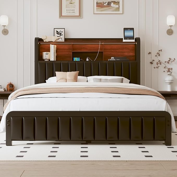 Full Size Bed Frame with 3-Tier Storage Headboard and LED Lights,Upholstered Platform Bed with Charging Station, Heavy Duty Metal Slats Frame,PU Leather,No Box Spring Needed, Black