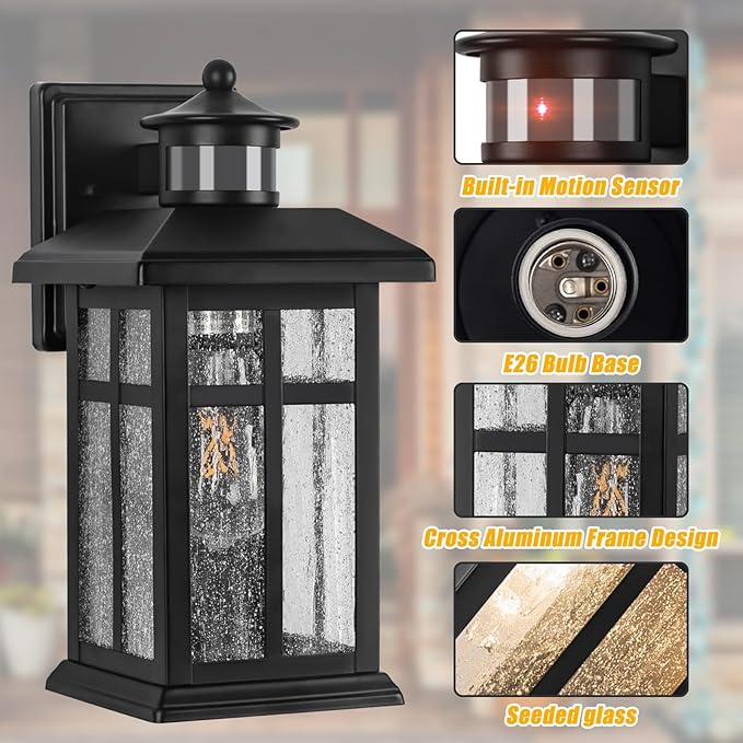 Outdoor Wall Light Motion Sensor - Updated Dusk to Dawn Outdoor Lighting, Exterior Light Fixture, Black Porch Lights & Outdoor Light for House Garage Entryway