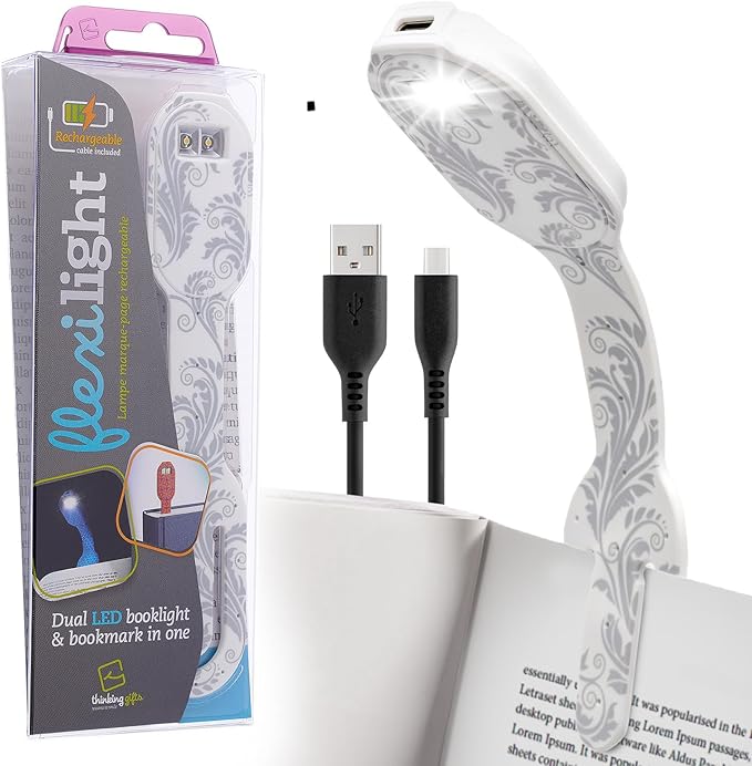 Gifts for Readers & Writers Bookmark Reading Light White Flowers - 2in1 Clip On Bookmark Mini Light for Reading in Bed, Rechargeable Night LED Lights, 20 Lumen